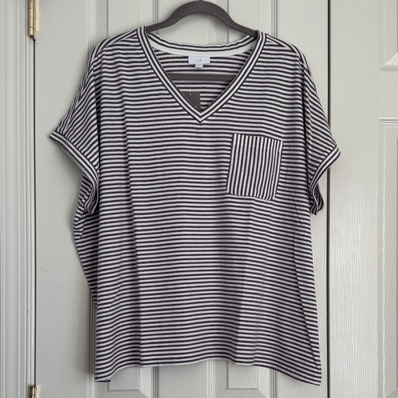 J. Jill Tops - J.Jill Striped V-Neck Tee Violet Cream Pocket Stretch Knit Top - Size XL - NWT